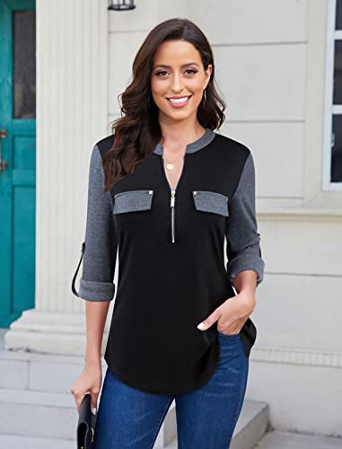 Image of Bulotus 3 /4 Length Sleeve Womens Striped Tops Zipper V Neck Collared Blouses Business Casual Tunics 2026 Spring Trendy