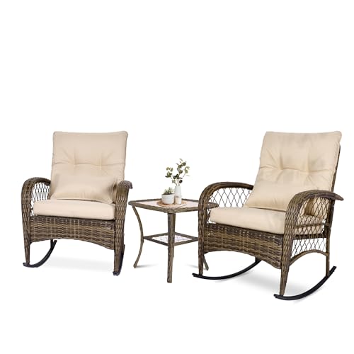 DECMICO Wicker Rocking Chair Set of 2, 3 Piece Patio Furniture Set, Outdoor Conversation Bistro Set with Cushions and Side Table for Backyard, Garden, Beige