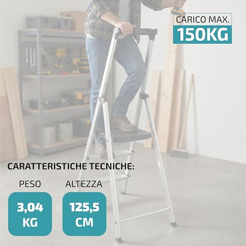 Scala Pieghevole In Alluminio A 3 Gradini Con Portaoggetti Integrato || EN-131 || Portata 150Kg || Scaletta Domestica Antiscivolo, Stabile E Leggera, Con Vassoio Portautensili Per Casa E Fai Da Te - 5
