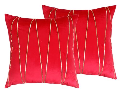 Image of Amazon Brand - Umi Gold Leather Striped Pack of 2 Throw Pillow Covers Velvet Decorative Cushion Covers Cases for Sofa Bedroom Livingroom Car 14 x 14 in Red Color