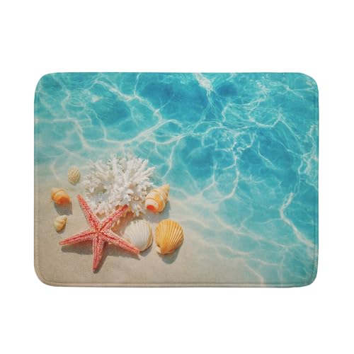 Giwawa Coastal Starfish Dish Drying Mat 18"x24" Ocean Blue Sea Coral Seashell Dish Drainer Mats Nautical Beach Themed Decorative Reversible Dish Drying Pad for Kitchen Countertop Dining Room