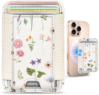 Shorogyt Compatible with Magsafe Wallet - for Magnetic Leather Card Holder Line Flower Design for Women Girls for iPhone 17/16/15/14/13/12 Series Cute Aesthetic Card Wallet with Elastic, Fit 7 Cards
