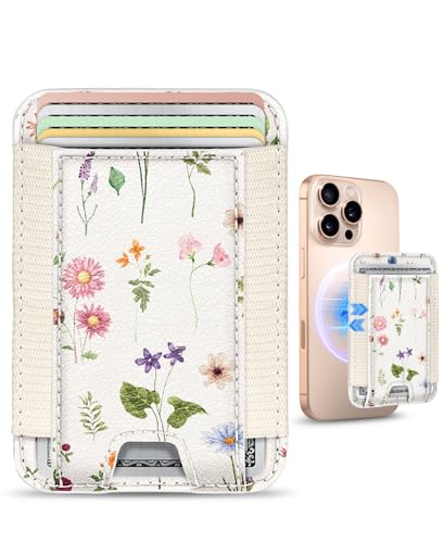 Cartera Magsafe de cuero de Flor de línea para iPhone 16 15 con elástico