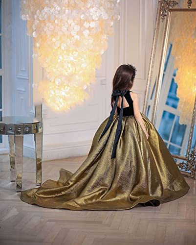 Black Flower Girl Dress Gold Sequin Girl Pageant Ball Gown Sleeveless Prom Dress for Girls 10-124