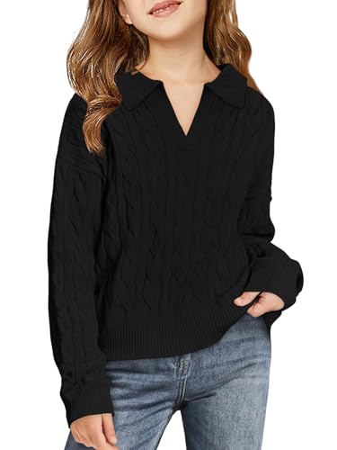 Image of Girls Sweaters Kids Fashion Cable Knit Collared V Neck Pullover Sweater Tops 5-14 Years