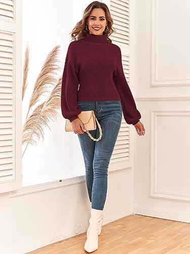 Image of ZAFUL Women's Cropped Turtleneck Sweater Lantern Sleeve Ribbed Knit Pullover Sweater Jumper