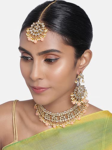 Image of Aheli Elegant Indian Faux Kundan Studded Choker Necklace with Maang Tikka Set Ethnic Wedding Wear Bharatanatyam jewellery set Gift for Women