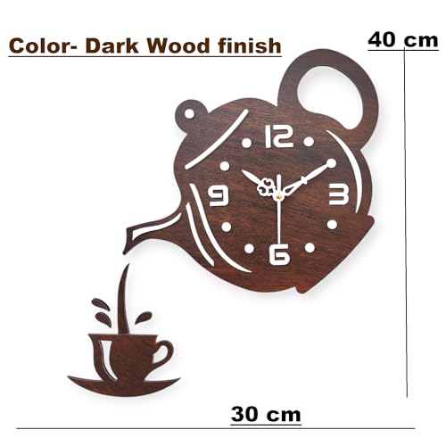 Image of Designer Wooden Wall Clock | Unique Teapot Shape Wall Clock for Home, Kitchen, Living Room & Office | Decorative Modern Acrylic Wall Clock (Dark Woode)