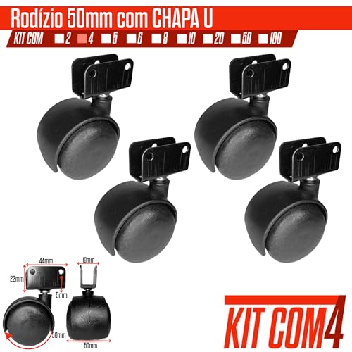 Kit 4 Rodizio Rodinha Giratoria Para Móveis Berço Sem Freio 50mm Perfil U 19mm