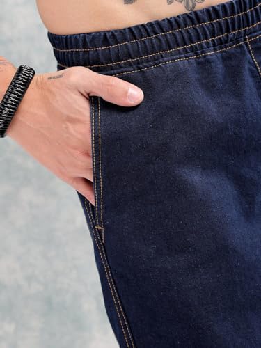 Image of The Indian Garage Co Men Loose Fit Solid Mid-Rise Stretchable Denim Joggers