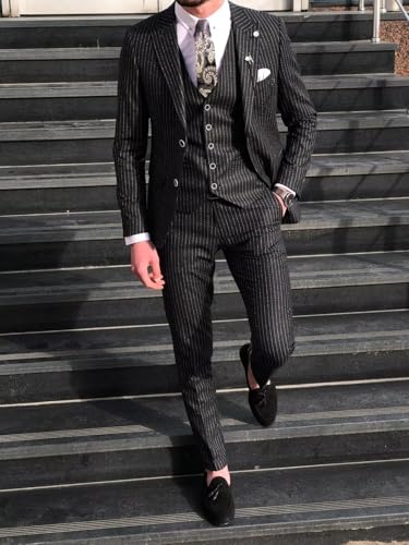 Men's Pinstripe Suit 3 Piece Classic Fit Slim Fit Suit Tuxedo Jacket Vest Pants Casual Suit for Business Wedding Suit4