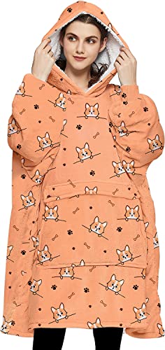 Image of KFUBUO Wearable Blanket Hoodie for Adults With Pocket All Patterns Corgi | Sherpa, Fuzzy Blanket Hoodie, Oversized Sweatshirt Blanket, Kangaroo Pouch, Gifts for Mom, Cozy Gifts