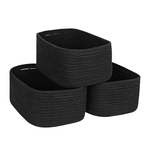 Image of MEGASKET Small Shelf Storage Baskets for Organizing, 3 Pack Mini Woven Storage Bins for Dog Toy, Book, Decorative Cotton Rope Nursery Closet Organizer, Gift Baskets Empty, 11.8 inchx7.9 inchx4.7 inch, Black