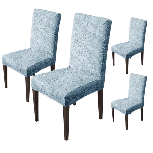 Image of House of Quirk Stretchy Universal Camellia Jacquard Waterproof Chair Cover Removable & Washable Short Dining Chair Cover Protector Seat Slipcover (Light Blue,Pack of 4)