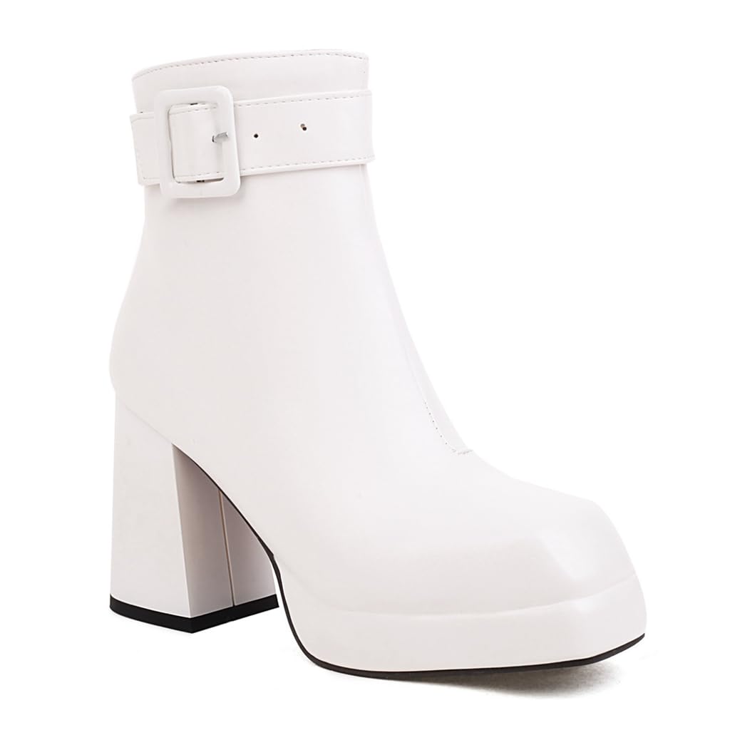 Womens Chunky Platform Ankle Boots Square Toe Buckle Side Zipper Block High Heel Dressy Short Bootie