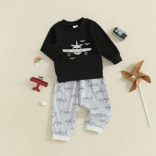 Toddler Infant Baby Boy Fall Outfit Airplane Pilot Long Sleeve Sweatshirt Tops Pants Set 2Pcs Planet Clothes Set3