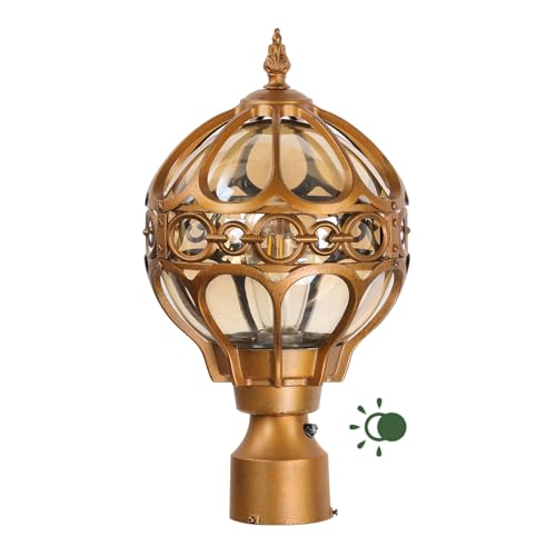 Dusk to Dawn Globe Outdoor Lamp Post Lights for Lawn Garden Yard Driveway, Brass Sphere Outside Post Light, Pier Mount Post Pillar Lighting Fixtures, Soccer Ball Exterior Pole Post Light(1 Pack)