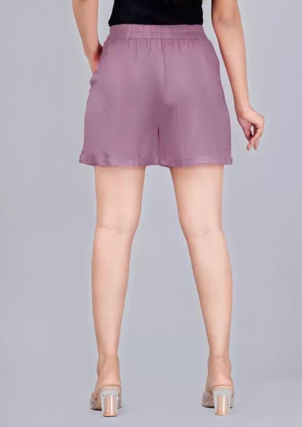 Image of Women's Cotton Regular Relaxed Fit Solid Print Design Thigh Length Casual Summer Running Yoga Gym Night Wear Shorts Elastic Waistband and Drawstring with Pocket