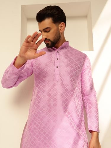 Image of SOJANYA (Since 1958 Men's Jacquard Silk Woven Motifs Kurta With White Pyjama