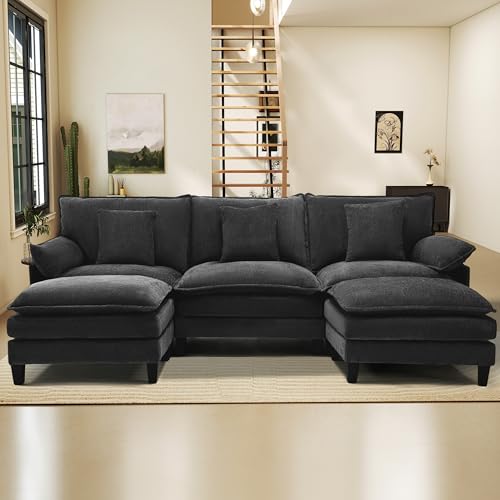 Image of Cloud Couch, 106 inch Modular Sectional Sofa with Movable Ottoman, U Shaped Modern Sofa with Pillows, Deep Seat Couches for Living Room, Bedroom and Apartment, Comfy Couch, Black