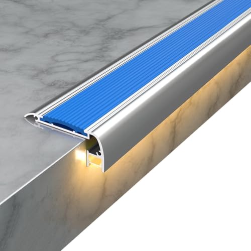 Perfil antideslizante azul para proteger escaleras en comercios y oficinas