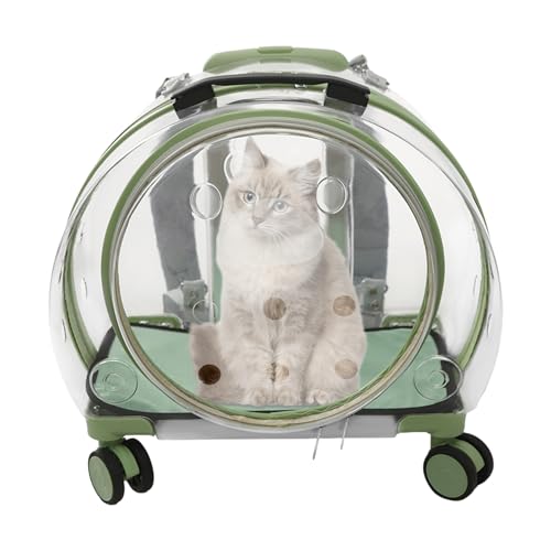 Transparent & Fully Breathable Hard Cat Carrier with Rolling Wheels, Multiple Carrying Carrier for Cats, Dogs, Or Bunnies for Traveling, Taking a Walk, Applicable Weighing up to 19.84lbs (Green,Clear)