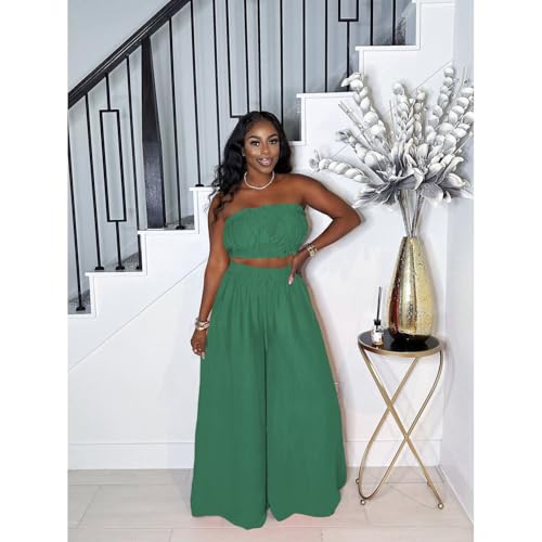 Image of Two Piece Sets for Women Summer Outfits Crop Tops and Wide Leg Pants Sets Sexy Jumpsuits Vacation Outfits with Pockets