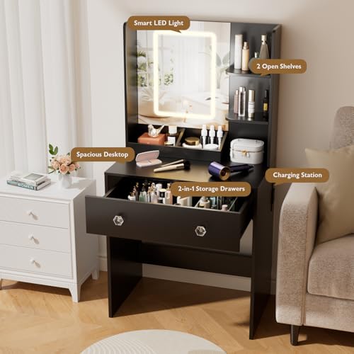 Image of Vanity Desk with Mirror and LED Lights, Modern Small Makeup Vanity Desk with Drawer, 3 Storage Shelves, 24 Inches Make UP Dressing Table with Power Outlet, 3 Adjustable Lights for Bedroom, Black