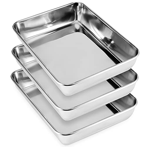 MANCHAP Lot de 3 plaques de cuisson rectangulaires en acier inoxydable de 25 x 20 x 5 cm, plaques de cuisson plates pour cuisson, rôtir, servir, 25 x 20 x 5 cm Cover