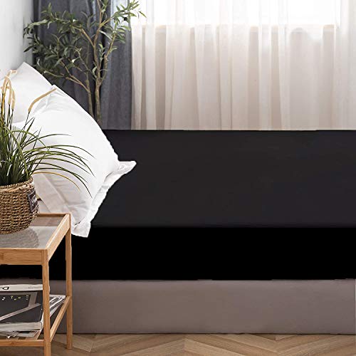 Image of All Around Brushed Microfiber Single Bed Fitted Sheet - (36 x 78) Inches - 8'' Deep Pocket Elastic Fitted Bedsheet + 1 Pillow Cover 400 Series Extra Soft & Easy Fit - Black
