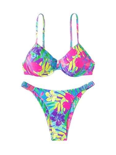 RoseSeek Women's 2 Piece Floral Print Swimsuit Underwire High Cut Thong Bathing Suits Multicolor Medium