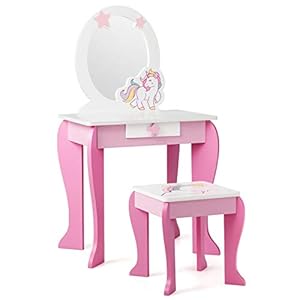 COSTWAY Kinderen kaptafel set, houten prinses kaptafel met krukje, afneembare spiegel en opberglade, spelen make-uptafel…