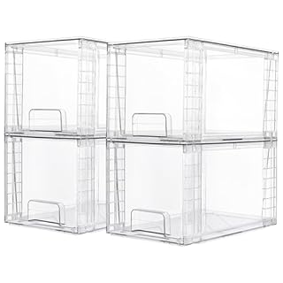 Vtopmart 4 Pack Large Stackable Storage Drawers,Clear Acrylic Drawer Organizers with Handles, Easily Assemble for Bathroom,Kitchen Undersink,Cabinet,Closet,Makeup,Pantry Organization and Storage