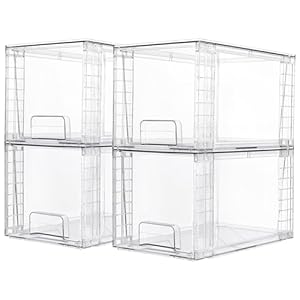 Vtopmart 4 Pack Large Stackable Storage Drawers,Easily Assemble Acrylic Bathroom Closet Undersink Organizers and Storage,Plastic Bins for Kitchen Cabinets,Pantry,Makeup,Medicine Organization