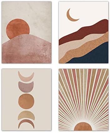 FWK Sunset Sunrise Landscape Art Prints Modern Mid Century Geometric Decor Boho Sun and Moon Wall Art Painting Set of 4 (8x10 Canvas Picture) Office Bedroom Kitchen Home Decor Unframed