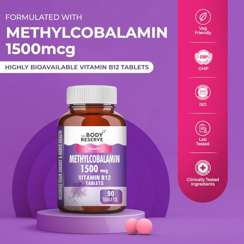 Image of THE BODY RESERVE Vitamin B12 Tablets 1500 mcg as Methylcobalamin Vitamin B12 Supplements for Men & Women -90 Veg tablets (3 Months Supply Pack)