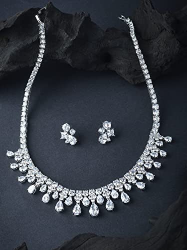 Image of Yellow Chimes Jewellery Set for Women Rhodium Plated Cubic Zircon Silver Necklace with Earring Set Floral Design Classic CZ Stoned Jewellery Set for Women and Girls