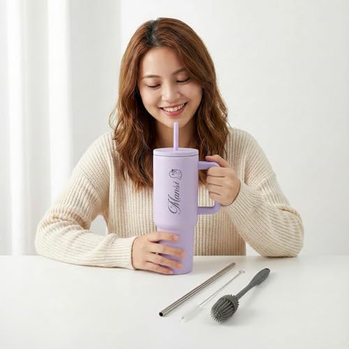 Image of Personalised 1200ml Insulated Stainless Steel Tumbler with Handle and Straw Lid - Large Travel Mug for Coffee & Water, Double Wall Vacuum Cup, Car Cupholder Friendly (Lavender Mist)