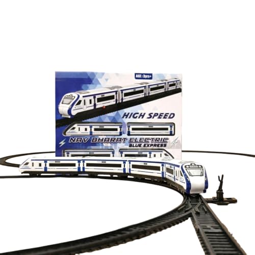 Image of Toy Train Vande Bharat Bullet Train Set for Kids - Big Size Battery Operated Electric Locomotive Toy with Interlocking Railway Tracks, Coaches, Track Changer - Nav Bharat Express Blue