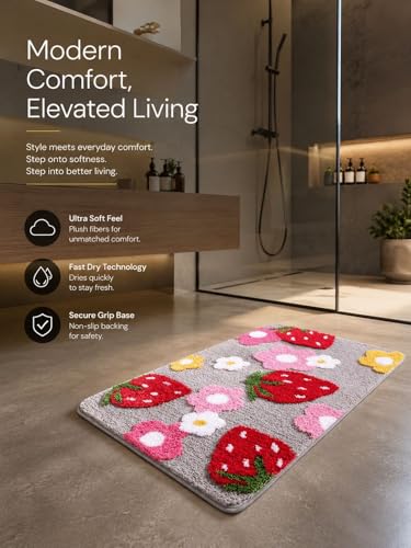 Image of Tomato Bath Mat: Super Soft Shaggy Kids Bathroom Rug, Anti-Skid, Absorbent, Cute Cartoon Fruit Design, Non-Slip Floor Mat (60 x 40 Cm) (Strawberry Fruit Bath Mat)