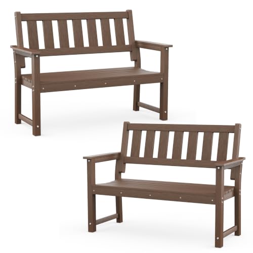 Image of 50 inch HDPE Weatherproof Outdoor Bench Patio Seating, Mocha Brown 2 Pack