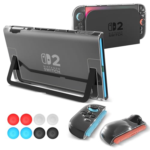 Teyomi Custodia trasparente agganciabile compatibile con Nintendo Switch 2, custodia protettiva trasparente compatibile con Nintendo Switch 2 con 2 cover Joy-Con in TPU e 6 impugnature per pollice