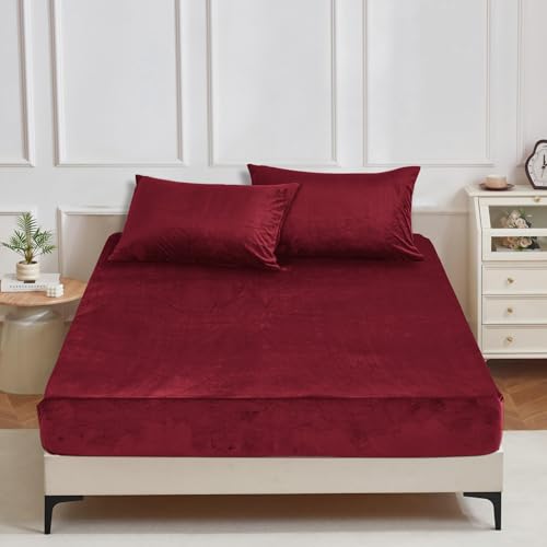 YASMENG Winter Plüsch Spannbettlaken 180x200cm Rot Weinrot Warm...