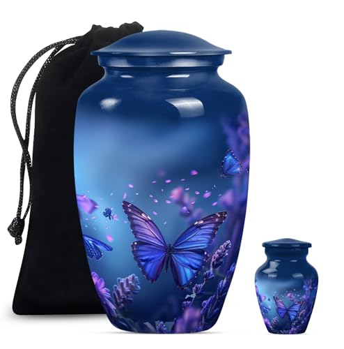 Image of Blue Butterfly Urn for Ashes - Large Cremation Urns for Human Ashes Adult Male Female - Decorative Urn for Adult Female - Funeral Urns for Women - Large and Keepsake Pack of 2