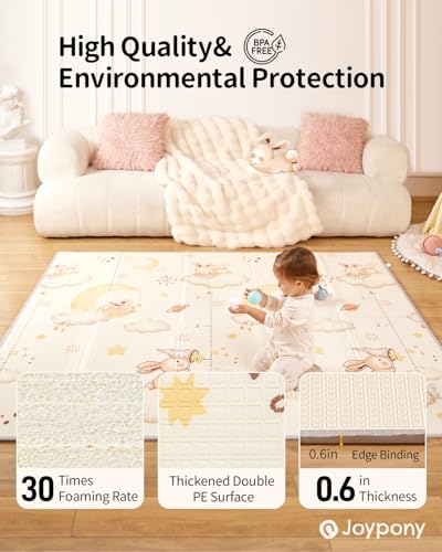 Image of Joypony Baby Play Mat, 79 inch X 71 inch X 0.6 inch Extra Large & Thick Reversible Foldable Play Mats for Babies and Toddlers, Anti-Slip Portable Baby Floor Mat for Tummy Time, Baby Mat for Floor with Travel Bag