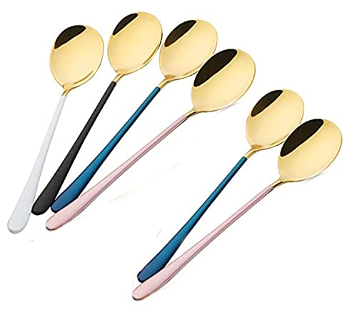 Image of YANCI 6 Pieces Gold Dinner Spoon, Stainless Steel Tablespoons, Korean Soup Spoons for Rice Cereal with Titanium Plating Frosted 8.11 inch Long Handle Spoon, Premium Food Grade Golden Silverware (Random)