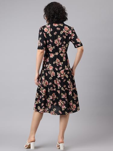 Image of Latin Quarters Women Black V-Neck Half Sleeves Printed Knee Length Shirt Dress for Casual Wear