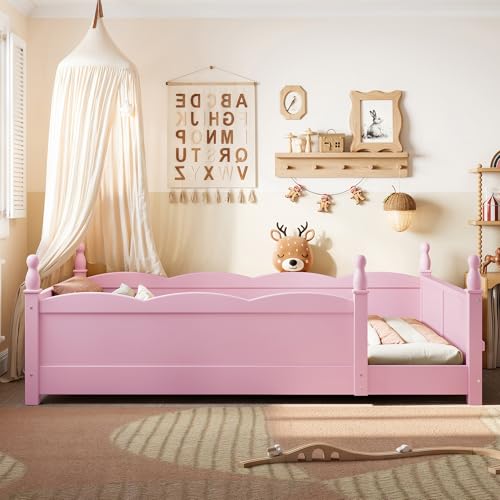 Image of Bellemave Twin Size Montessori Floor Bed Frame with High Fence, Solid Wood Kids Floor Bed with Bookshelf, Low Profile Bed for Boys & Girls, Childlike Design,Pink