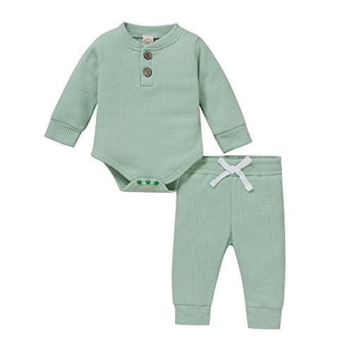 Image of Newborn Baby Girl Boy Fall Clothes 3 6 12 18 24 Months Outfits Long Sleeve Knitted Cotton Romper & Pants Infant Winter Sets