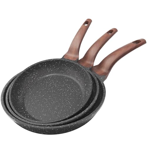 YASHE Set de 3 Sartenes Antiadherentes de 20/24/30 cm con Revestimiento de Granito – Compatibles con Inducción, Ligeras, Duraderas y Saludables para Cocina Diaria